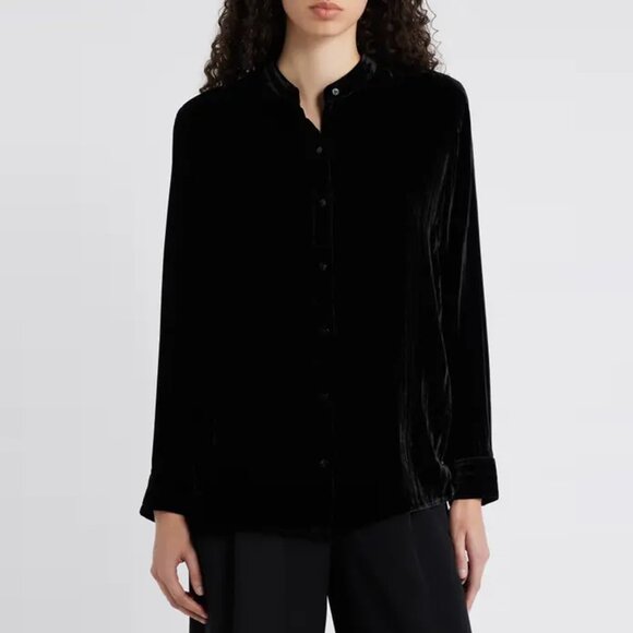 DKNY Essentials Silk Blend Velvet Mandarin Collar Black Shirt Size 14 - Picture 1 of 8